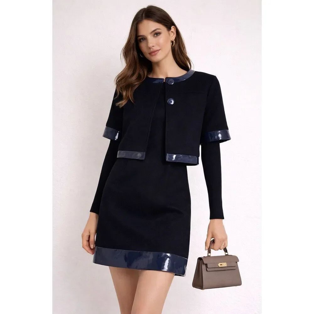 Dino e Lucia Paris 100% Wool Dress Suit Set Navy Patent Trim Designer Size S